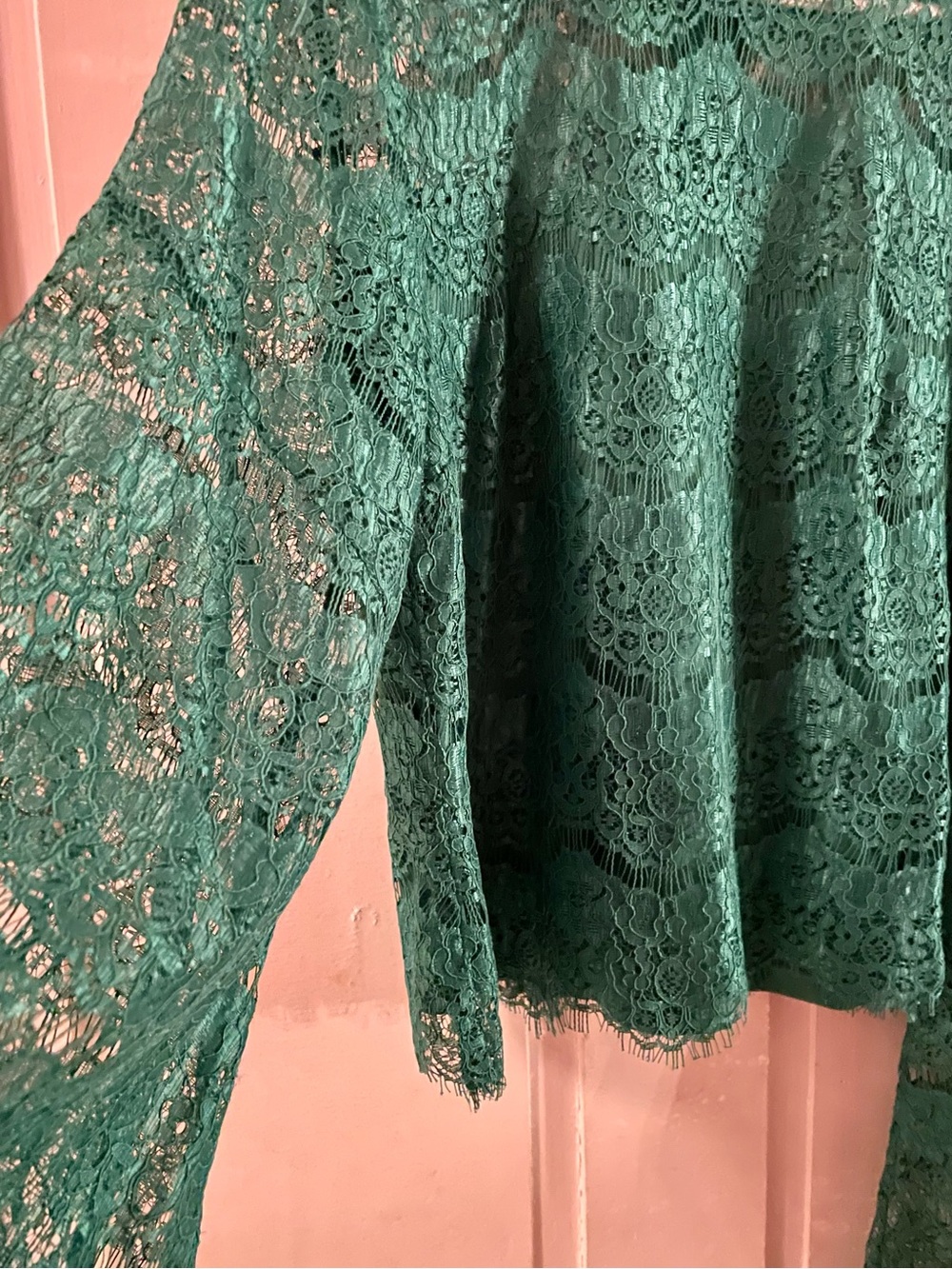 VENUS Emerald Green Floral Lace Top Mock Neck Bell Sleeve Blouse - Picture 7 of 9